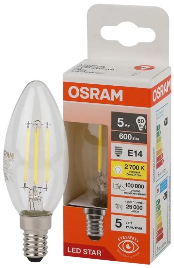 OSRAM | E14 B �����  5(=75)W/827 CL 600lm FIL  ����� ���������� STAR Osram 4058075684577