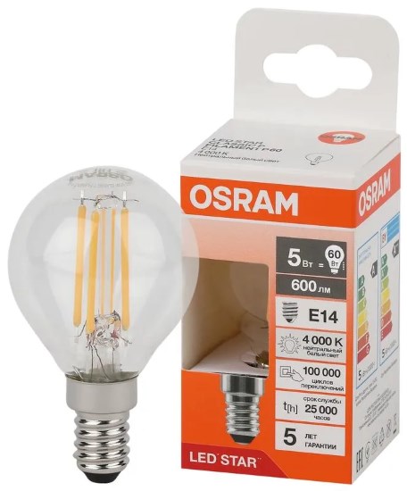 OSRAM | E14 P 5 (=60)W/840 FIL ����������� ����� ����� LED STAR CL P 60  600lm Osram 4058075684447